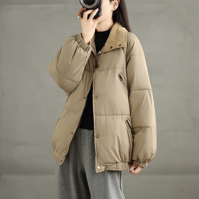 中綿ジャケット レディース 厚手 あったか 防寒 ショート丈 ゆったり オーバーサイズ 着痩せ 体型カバー ドールカラー ランタンスリーブ 無地 通勤 ワーク カジュアル ブラック カーキ ブラウン