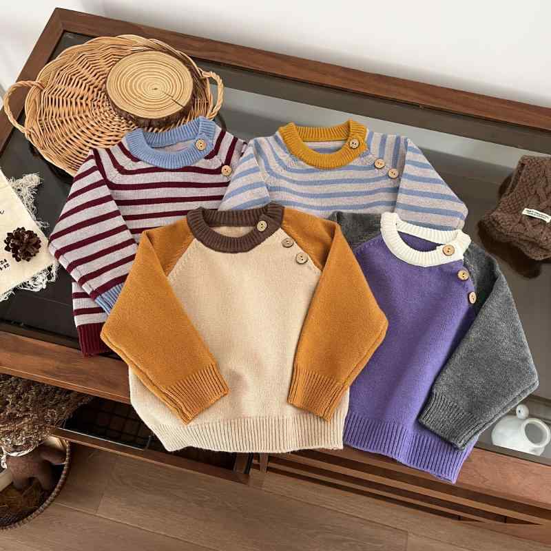 ニット ベビー 男女兼用 男の子 女の子 厚手 暖かい 長袖 ストライプ 肩ボタン プルオーバー 秋冬 アク..