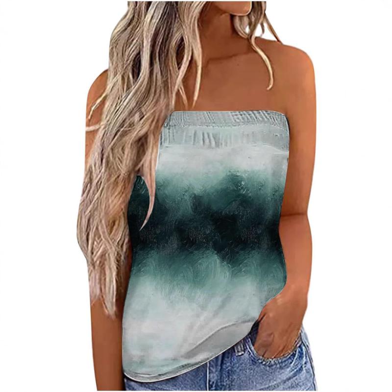 トップス レディース チューブトップ ベアトップ ストラップレス 3Dプリント グラデーション セクシー ..