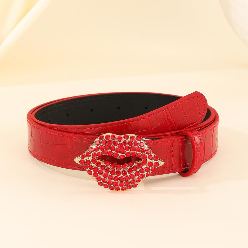 ベルト レディース スナップボタン式 合金バックル 電気メッキ加工 彫刻 Y2Kスタイル ギャル風 レッド..