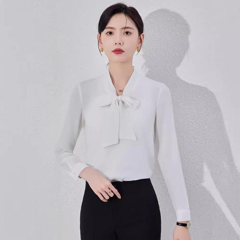 シャツ レディース シフォン ブラウス 長袖 ブルー リボン ボウタイ 韓国風 ゆったり 体型カバー 襟付き エレガント 通勤 オフィス カ..