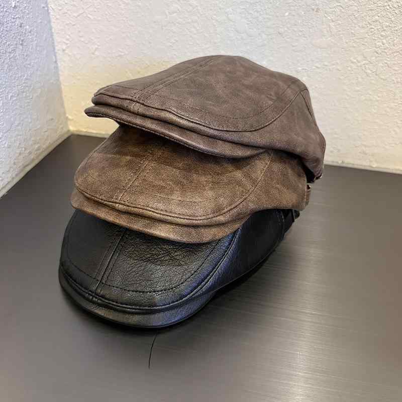 キャスケット レディース メンズ PUレザー レトロ 韓国風 ヴィンテージ ブリットスタイル 男女兼用 シンプル 万能 オールシーズン 日よけ 合皮 帽子