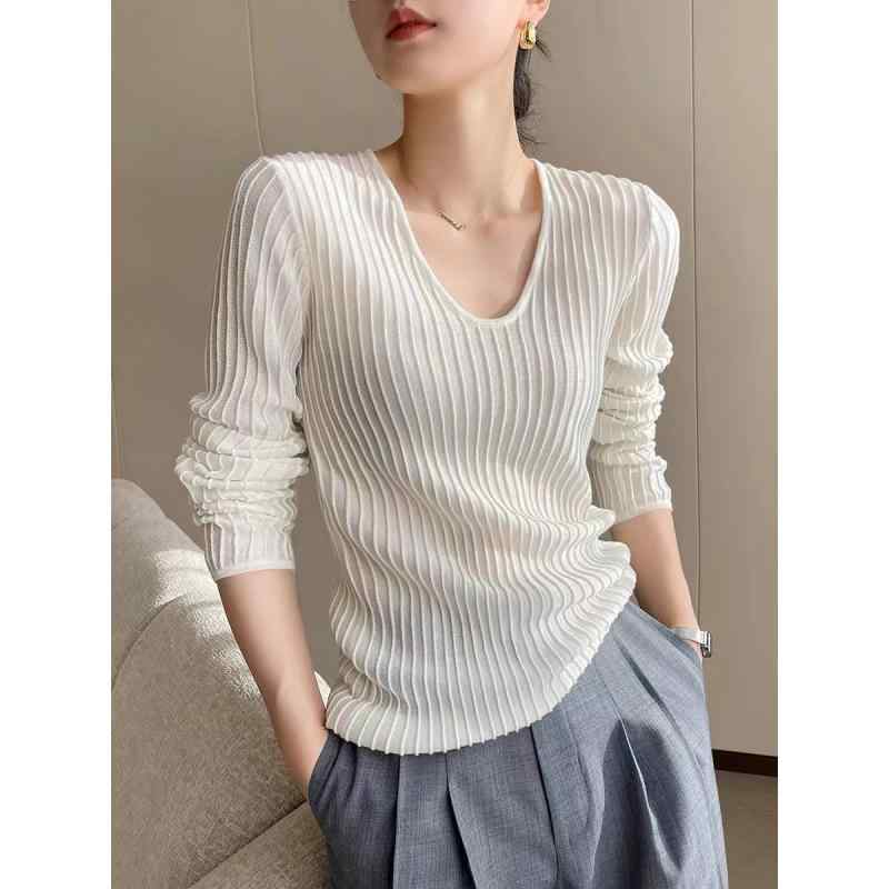 ニット レディース 白 Vネック ストライプ柄 縦縞 長袖 プルオーバー シンプル きれいめ エレガント オフィス カジュアル インナー 重ね着 トップス 秋 ゆったり ポリエステル素材