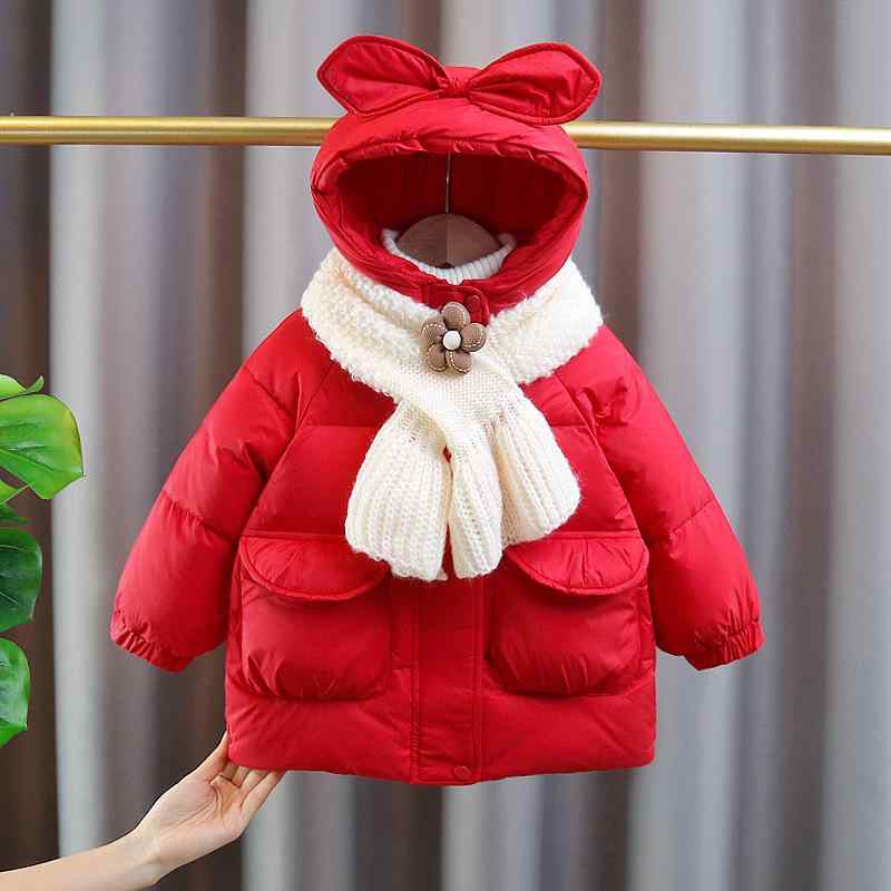 ダウンジャケット 女の子 キッズ 子供用 厚手 防寒 保温 ホワイトダックダウン ミドル丈 リボン おしゃれ かわいい 韓国風 冬服 長袖 ポリエステル素材 レッド アウター