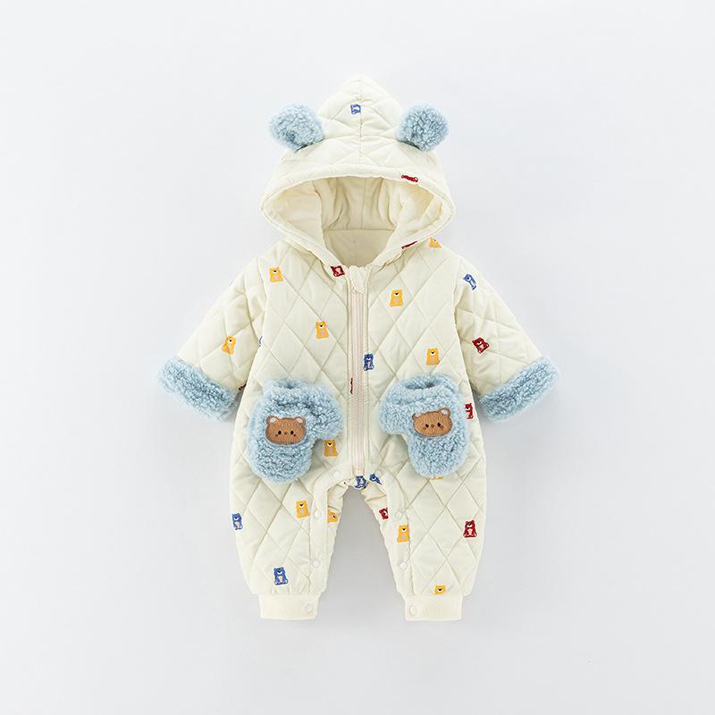 ・カテゴリ: ロンパース・スタイル: ベーシック・主な素材: ポリエステル100%・対象年齢: 新生児(0〜1歳、80cm以下)・性別: 男女兼用・袖丈: 長袖・フード: 一体型・厚さ: 厚手・留め具: ファスナー・カラー展開: ブラウン、ブルー・サイズ展開: 66cm, 73cm, 80cm, 90cm・安全基準: A類