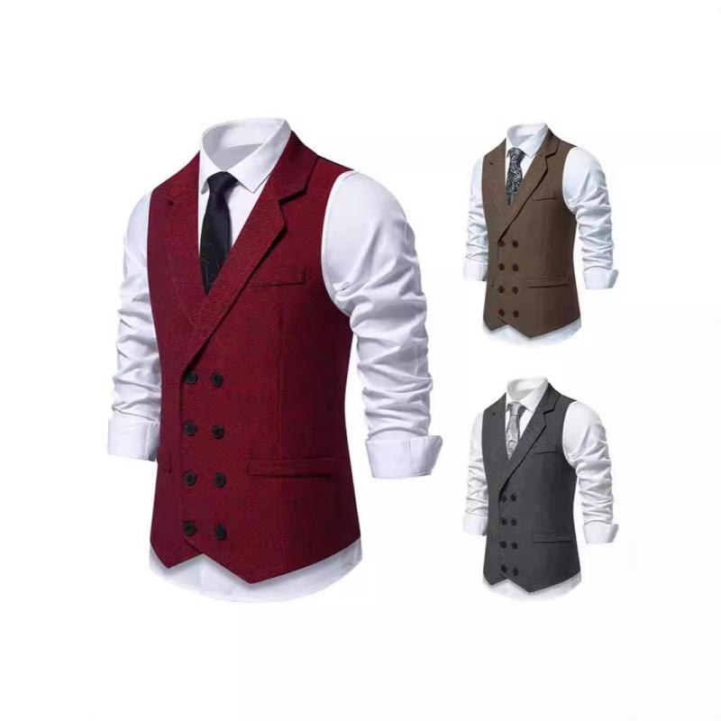 ベスト メンズ 男性用 ヘリンボーン ツイード ダブルブレスト 襟付き スリムフィット 秋冬 レトロ クラ..