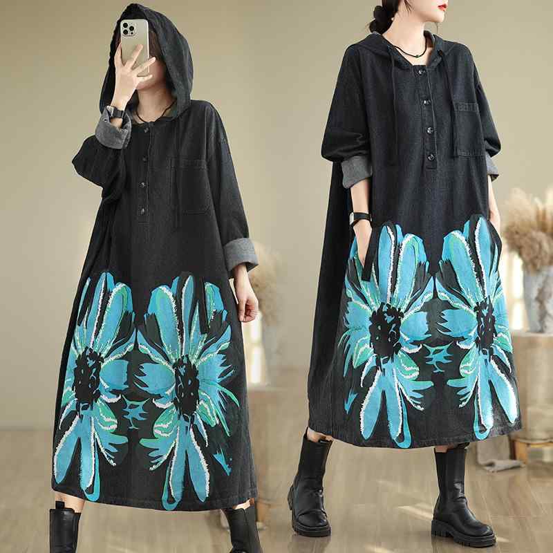 デニムコートワンピース レディース フード付き 長袖 ゆったり 大きいサイズ アートプリント ロング丈 コットン アクリル混 カジュアル 通勤 秋物