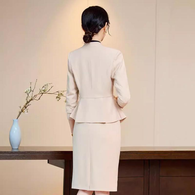 スーツ レディース オフィス 事務服 制服 仕事着 通勤 ビジネス 宝飾店 美容院 上品 エレガント ジャケット スカート セットアップ 2点セット 長袖 ミディ丈 秋冬 ポリエステル 混紡 ストレッチ