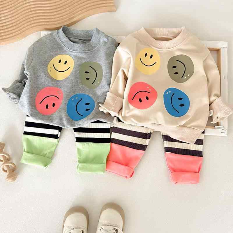 セットアップ ベビー服 女の子 春秋 薄手 綿素材 やわらか素材 クルーネック スマイルデザイン ストライプ柄 スウェットパンツ 上下セット カジュアル 外出着 部屋着 選べるカラー
