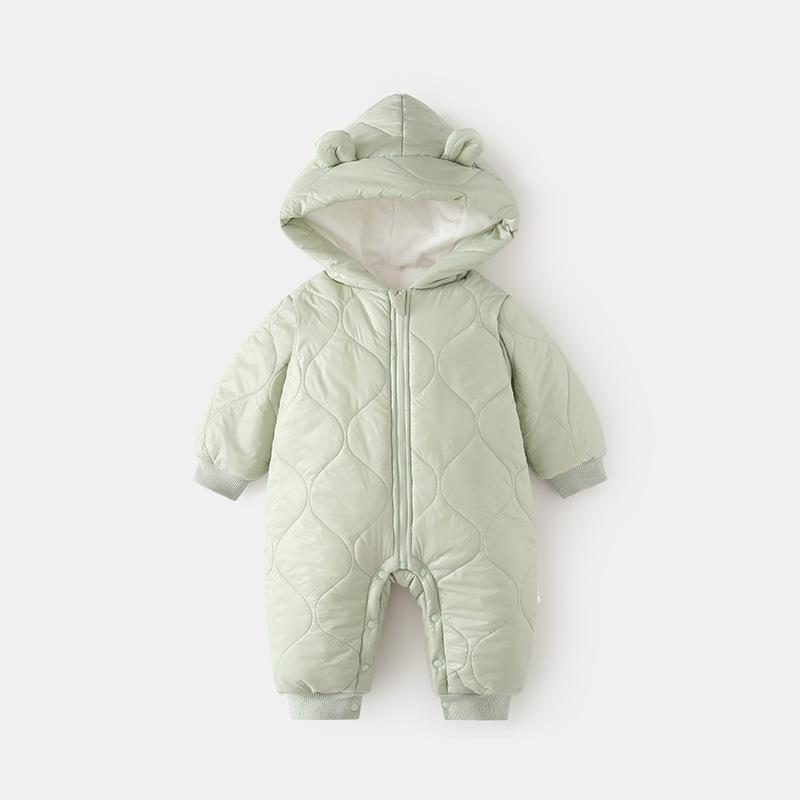 ロンパース ベビー カバーオール 男女兼用 中綿入り 厚手 あったか 防風 フード付き 長袖 ジップアップ 秋冬 冬用 外出着 シンプル 大格子柄 ブラウン ピンク グリーン イエロー 73cm 80cm 90cm 100cm