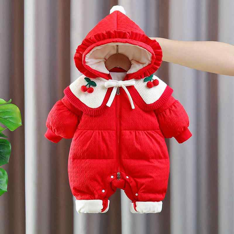 ロンパース ベビー 新生児 赤ちゃん 男の子 女の子 男女兼用 極厚 防寒 保温 暖かい ショール 足つき フード付き ジップアップ 前開き 長袖 中綿入り お出かけ着 秋冬 ポリエステル 混紡素材