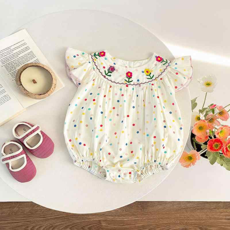 ・カテゴリ: ロンパース・スタイル: スウィート・主な素材: 綿100%・性別: 女の子・袖丈: ノースリーブ・厚さ: 薄手・開閉: 1つボタン・タイプ: ショート丈ロンパース・カラー: アプリコット・身長目安: 66cm、73cm、80cm、90cm