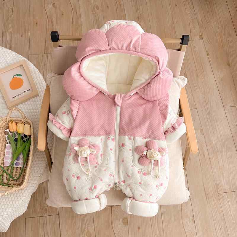 ロンパース 女の子 ベビー 防寒 保温 あったか 裏起毛 中綿入り 厚手 フード付き カバーオール 秋冬 スナップボタン プリンセス かわいい お出かけ着 ピンク 100日祝い 赤ちゃん服