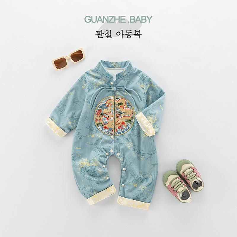 ロンパース ベビー 男の子 女の子 男女兼用 秋冬 長袖 中華風 おしゃれ 前開き 縫い目なし お出かけ着 ..