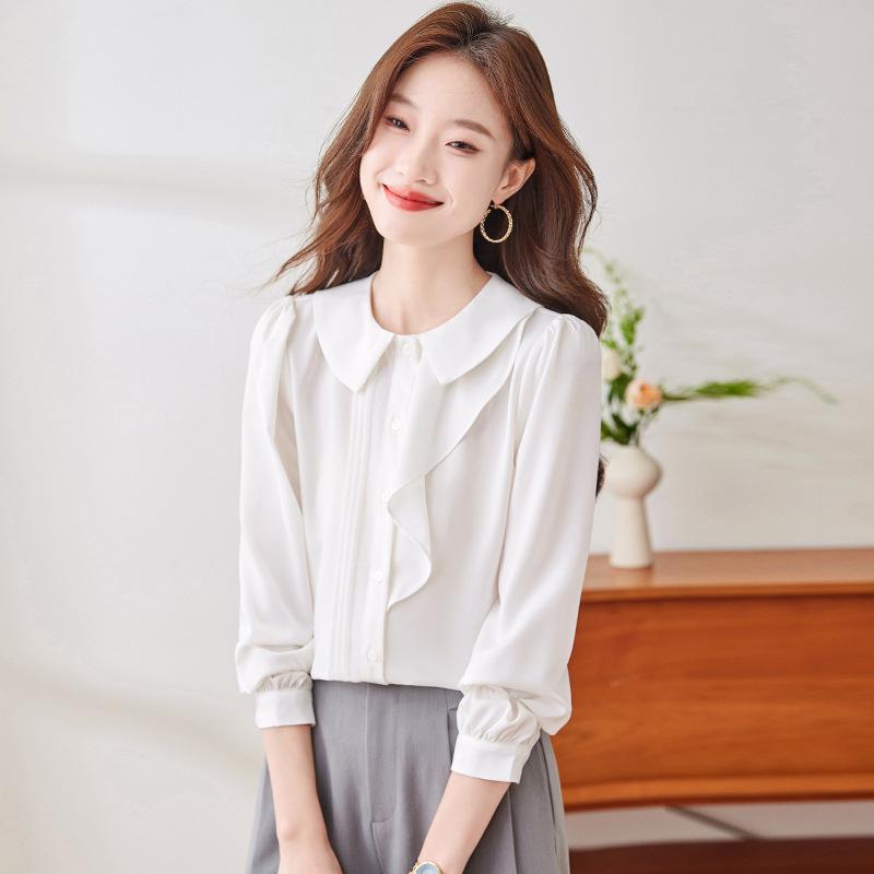シャツ レディース 防シワ イージーケア 長袖 フリル セーラー襟 デザイン ブラウス 高級感 上品 エレ..