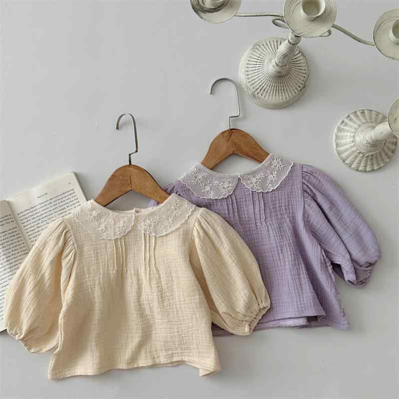Tシャツ ベビー 女の子 吸汗速乾 柔らかい 肌に優しい 春秋 長袖 刺繍 レース ドールカラー 襟付き 綿 コットン ガーゼ トップス 子供服 普段着 重ね着 ライトイエロー ライトパープル(4)