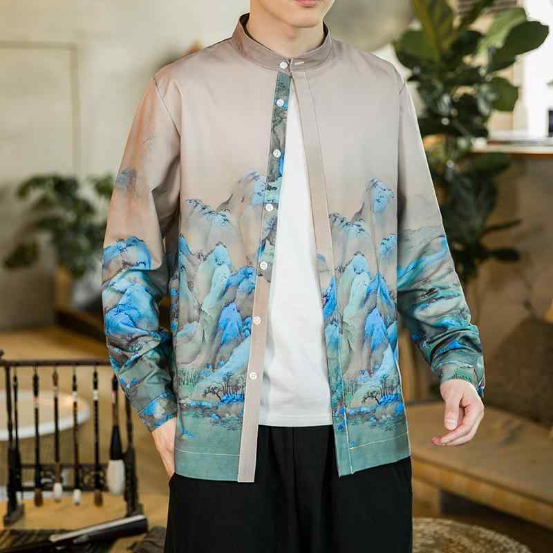 シャツ メンズ 男性用 春夏 チャイナ風 水墨画風 プリント レトロ 大きいサイズ ビッグサイズ 長袖 ス..