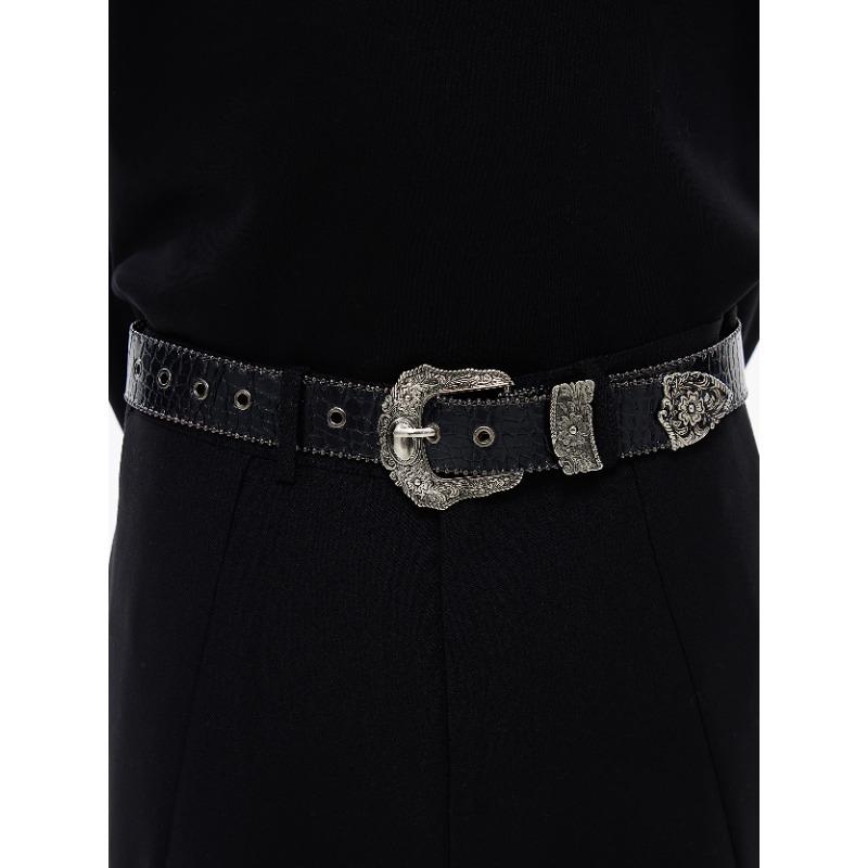 ベルト PUレザー 合金製 ピンバックル アメリカン Y2K レトロ ヴィンテージ 彫刻風 型押し クロコダイ..