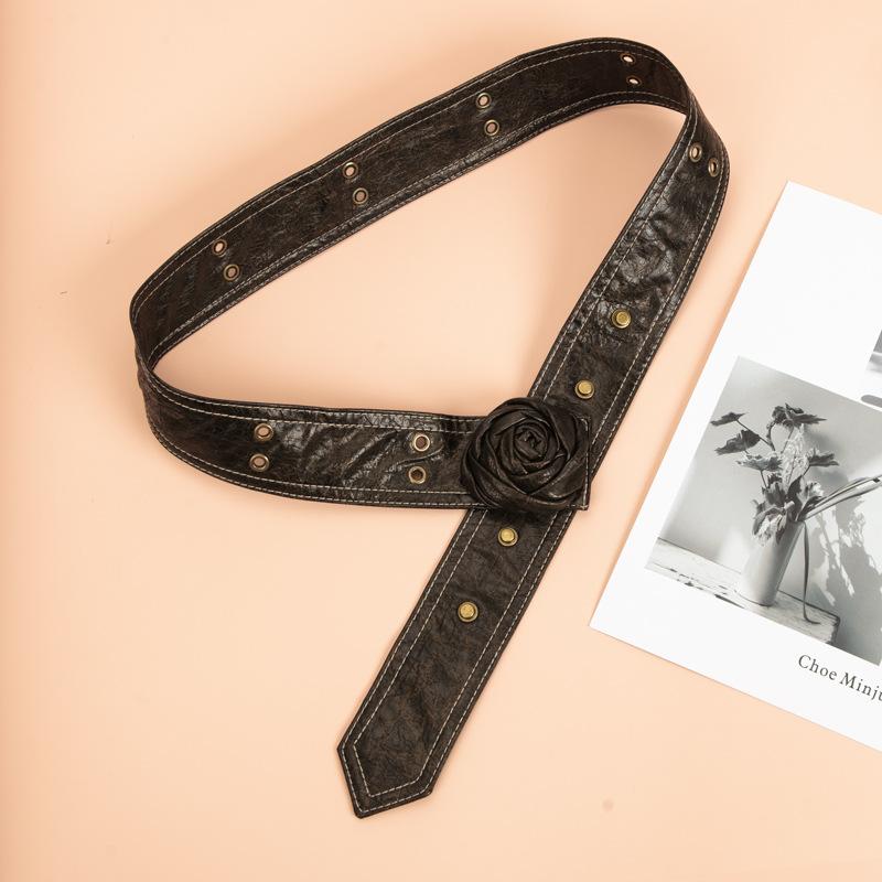ウエストベルト レディース アメカジレトロ Y2K バラ ローズモチーフ 幅広 ソフト フェイクレザー ブラウン アンティークスタッズ ストリート 個性派 インフルエンサー(x2)