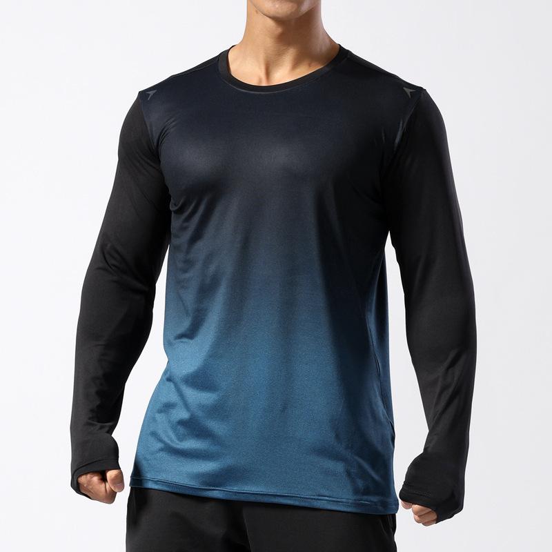 Tシャツ メンズ 秋冬 グラデーション ランニング フィットネス トレーニング 吸汗 速乾 吸湿 ストレッチ 通気性 長袖 クルーネック スポーツ ウェア カジュアル 普段着 部屋着 再生繊維