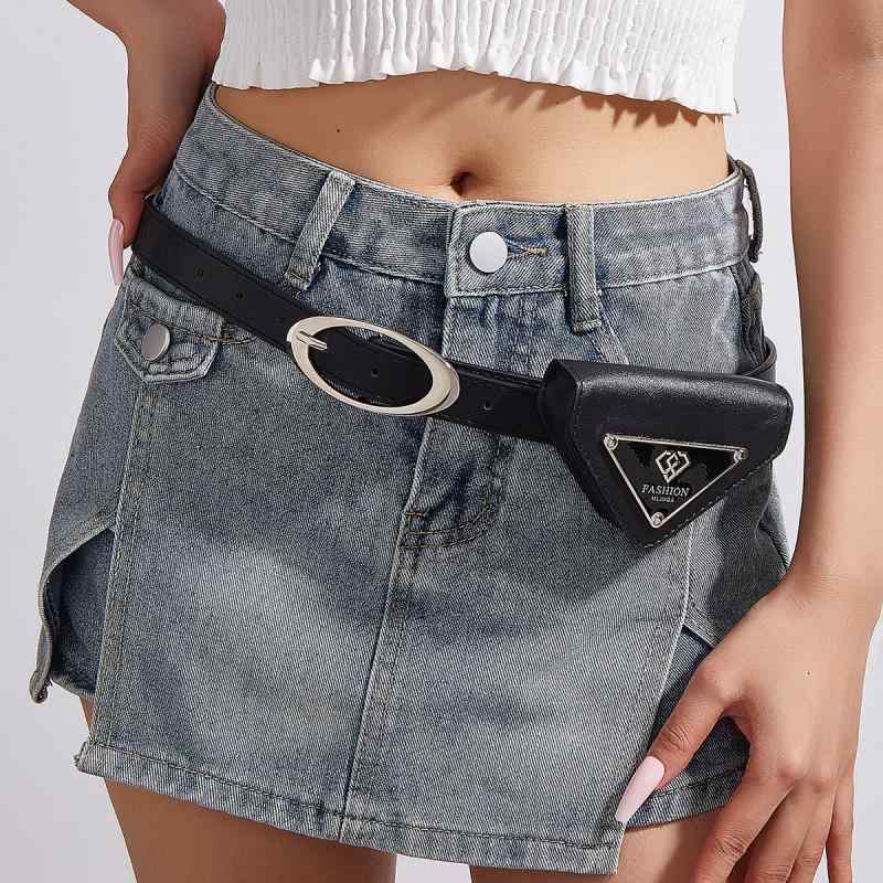 ベルト レディース 2WAY ミニポーチ付き 細身 合皮 フェイクレザー ウエストマーク シンプル カジュアル 韓国風 おしゃれ オールマッチ デニムパンツ ジーンズ用 合金ピンバックル 手縫い仕上げ