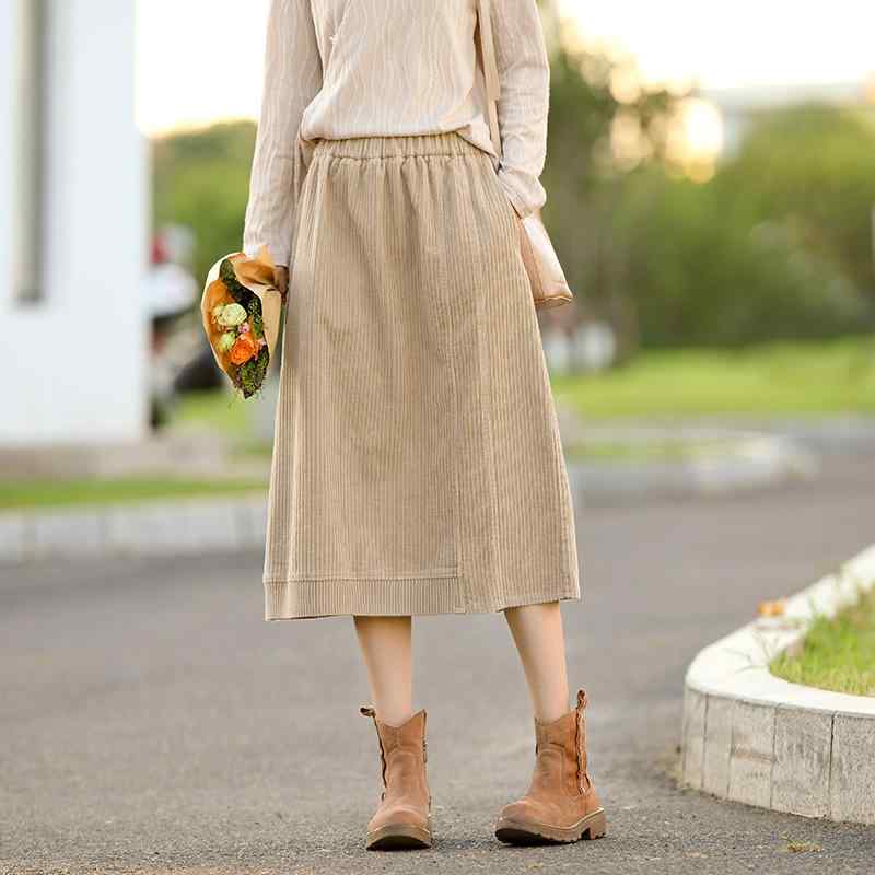 スカート レディース 秋冬 コーデュロイ ミディ丈 ミモレ丈 ハイウエスト 着痩せ Aライン スリット 無地 レトロ クラシック 上品 高級感 微ストレッチ コットン ウォッシュ加工