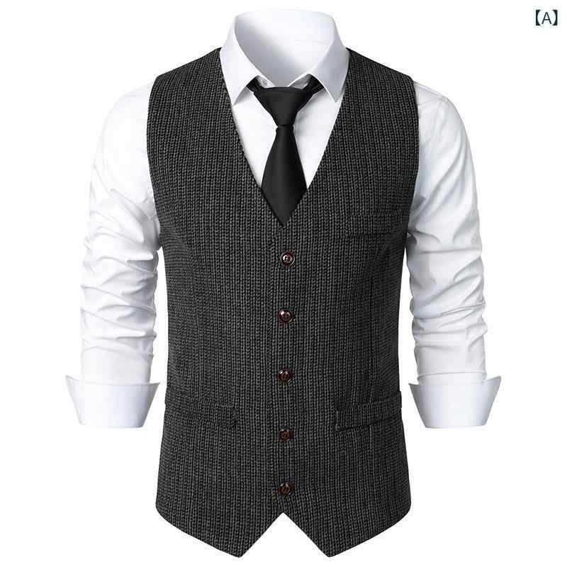 ベスト メンズ 秋冬 スリムフィット Vネック シングルボタン 前開き 薄手 軽量 ストライプ柄 ウール調 コットン混 レトロ クラシック カジュアル ジレ