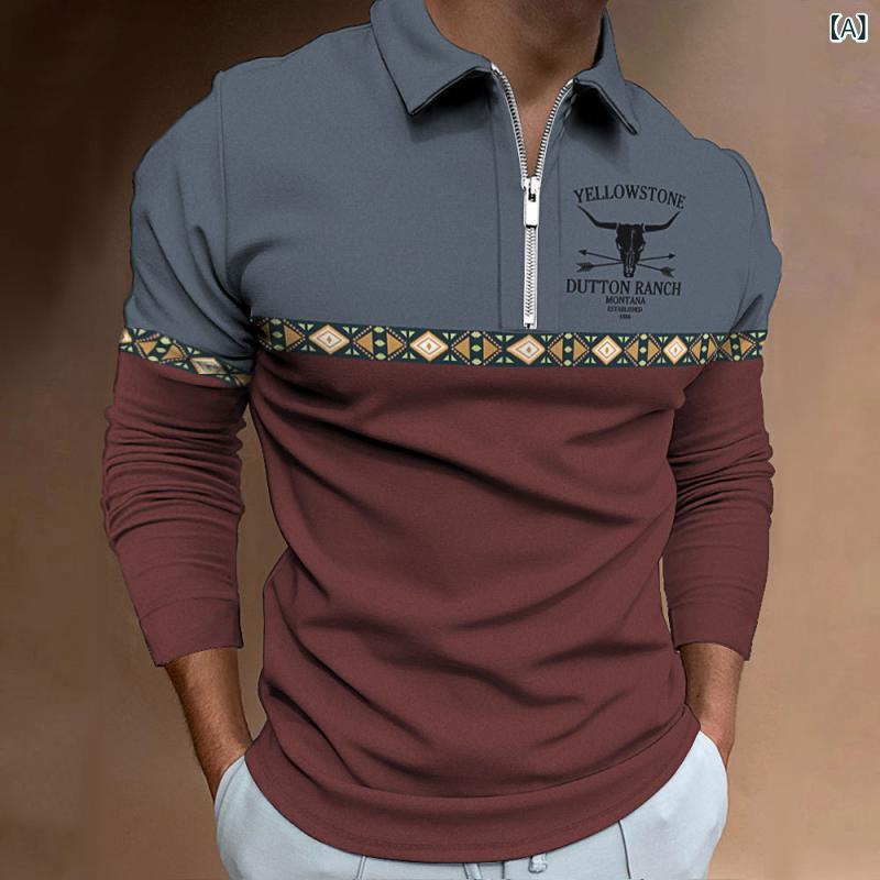 ポロシャツ メンズ 吸汗速乾 通気性 長袖 ファスナーデザイン 胸元プリント スリムフィット カジュアル 普段使い デイリーユース 快適 ポリエステル素材 春秋