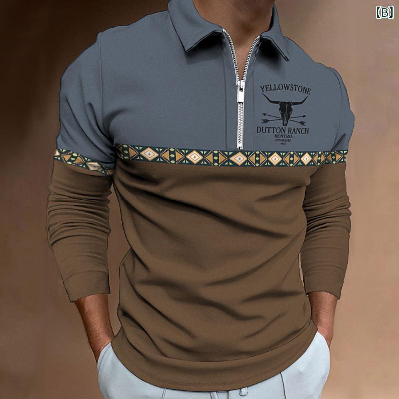 ポロシャツ メンズ 吸汗速乾 通気性 長袖 ファスナーデザイン 胸元プリント スリムフィット カジュアル 普段使い デイリーユース 快適 ポリエステル素材 春秋