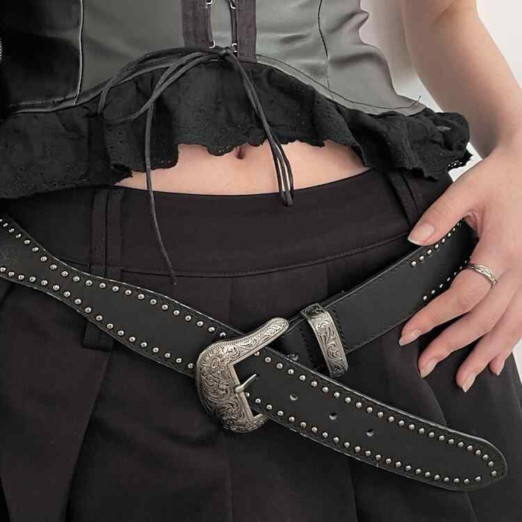 ベルト レディース 女性用 Y2K 個性的 パンク リベット アメリカンレトロ PUレザー 革 ピンバックル ジーンズ デニム おしゃれ ブラック(x2)