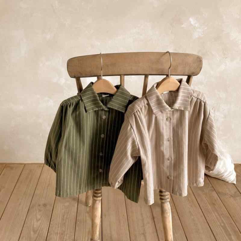 シャツ ベビー 子供 男の子 女の子 韓国風 カジュアルシャツ ストライプ 長袖 ギャザーショルダー 柔ら..