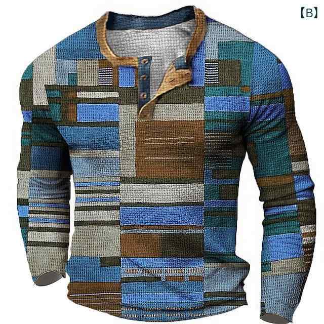 スウェット メンズ 欧米風 3Dグラフィックプリント ヘンリーネック スリーボタン 長袖 春秋 ポリエステル素材 ゆったり リラックスフィット カジュアルトップス