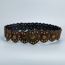 ベルト レディース 女性用 幅広 太め フェイクレザー 銅バックル フック式 民族風 レトロ ウエスタン風 カウボーイ 個性的 ハート 切り替え リベット装飾 コーヒー ブラウン