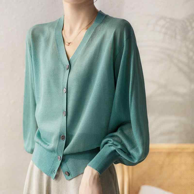 ニット カーディガン レディース 日焼け防止 軽量 透け感 Vネック 長袖 ゆったりシルエット 春夏 通勤 オフィス エレガント カジュアル フェミニン 綿混 ポリエステル 切り替え