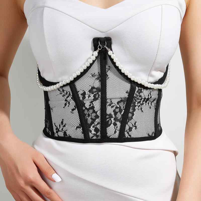 ビスチェ レディース 欧米風 編み上げ レースアップ レース 花柄総レース パール付き ワイヤー ボーン入り スタイルアップ ウエストマーク 幅広 布製 通勤