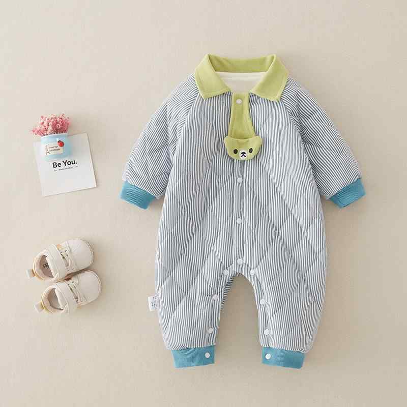 楽天セキュアデポロンパース ベビー 男の子 女の子 新生児 裏起毛 中綿入り 厚手 長袖 前開き スナップボタン カバーオール 普段着 部屋着 秋冬 グリーン ストライプ
