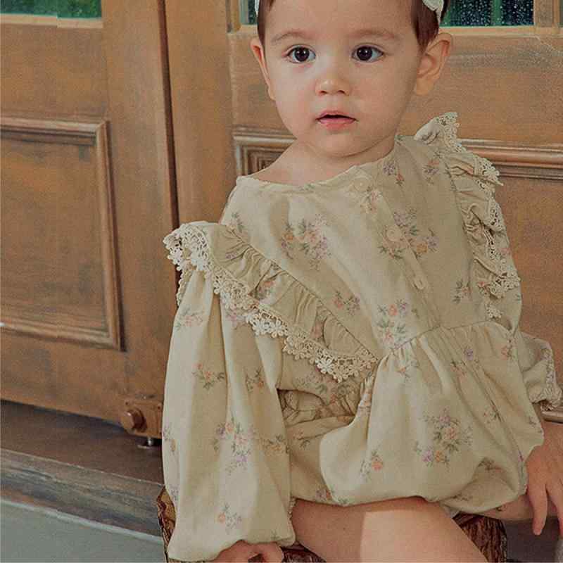 ロンパース 女の子 ベビー 新生児 小花柄 パフスリーブ 長袖 綿素材 韓国風 カバーオール お食い初め ハーフバースデー お宮参り 秋冬 安全基準A類 紫ピンク アプリコット