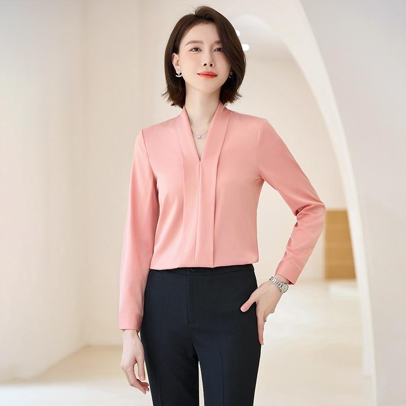 ブラウス レディース ピンク Vネック 長袖 秋冬 形態安定 ポリエステル素材 通勤 ビジネス フォーマル オフィスワーク 上品 きれいめスタイル