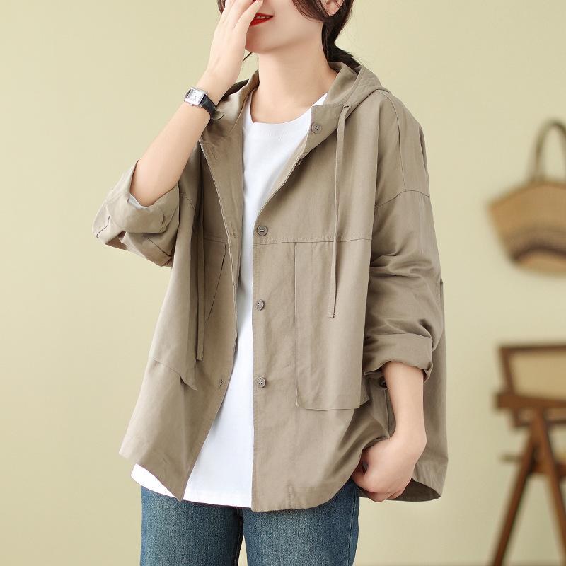 ジャケット レディース 秋冬 ウォッシュコットン 綿 ゆったり オーバーサイズ フード付き 無地 ショート丈 長袖 韓国風 カジュアル 快適 リラックス 前開き ボタン 切り替えデザイン 通勤 オフィス 中厚手