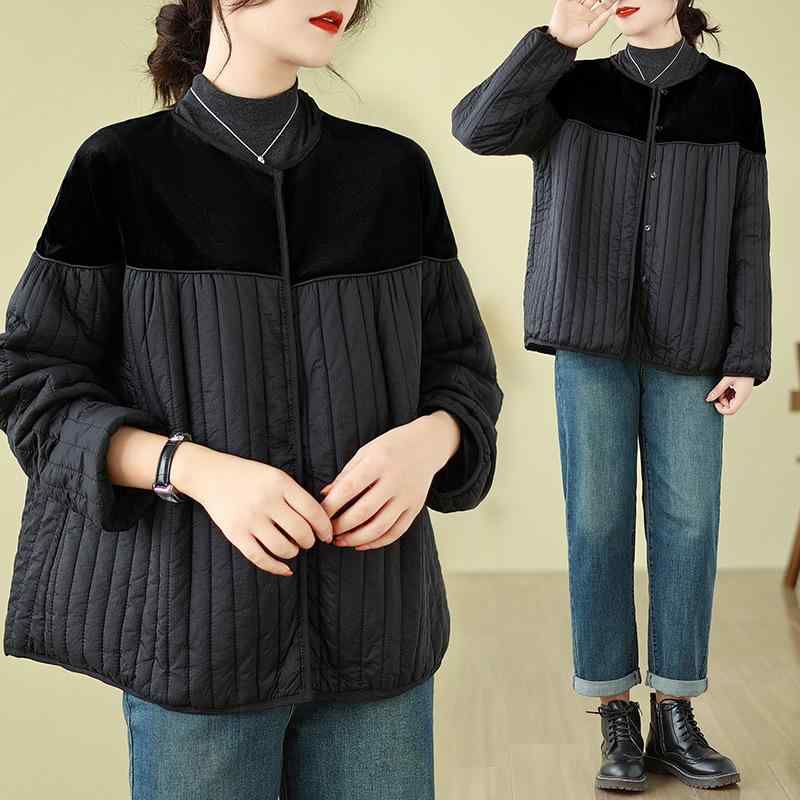 中綿ジャケット レディース 秋冬 ゆったり 大きいサイズ 細見え ショート丈 スタンドカラー 切り替え 綿素材 軽量 長袖 ボタン アシンメトリーデザイン 通勤 オフィス カジュアル