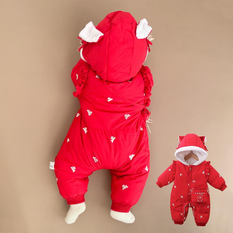 ロンパース ベビー 新生児 男女兼用 厚手 中綿入り 冬用 防寒 フード付き 前開き カバーオール 長袖 ジップアップ 外出着 赤 0-1歳