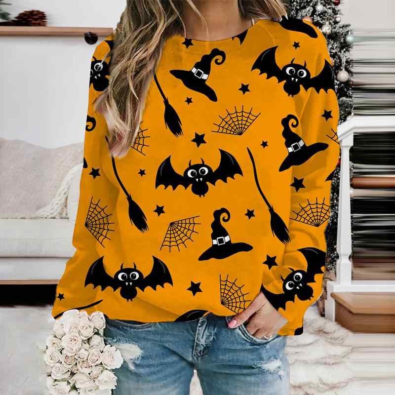 Wear （Sports） - スウェット レディース 長袖 ラウンドネック プルオーバー ハロウィン パーティー 仮装 カボチャ コウモリ 3Dプリント 立体柄 キャラクターデザイン カジュアル 原宿系 韓国ファッション ポリエステル エアレイヤー素材 スリムフィット 秋冬