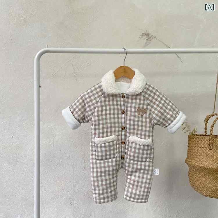 ロンパース ベビー キッズ 男女兼用 中綿入り 保温 あったか 防寒 チェック柄 ボア襟 コットン 綿素材 ロング丈 長袖 カバーオール 秋冬 部屋着 お出かけ着 安全基準Aクラス 2
