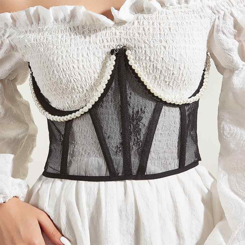 コルセット レディース 女性用 レースアップ パールチェーン付き ワイヤー ボーン入り スタイルアップ ..