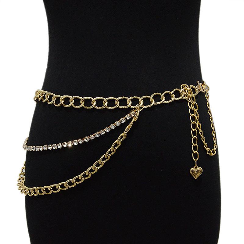 チェーンベルト レディース 春夏秋 細身 ファッション カジュアル ラインストーン装飾 軽量 合金 メタル ウエストマーク 普段使い お出かけ スタイルアップ(x2)