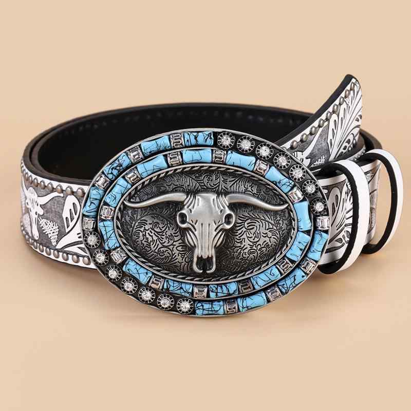 ベルト レトロ ヴィンテージ 牛モチーフ ビーズ装飾 エンボス加工 民族風 ウェスタン ユニセックス おしゃれ ファッション小物 ウエス..