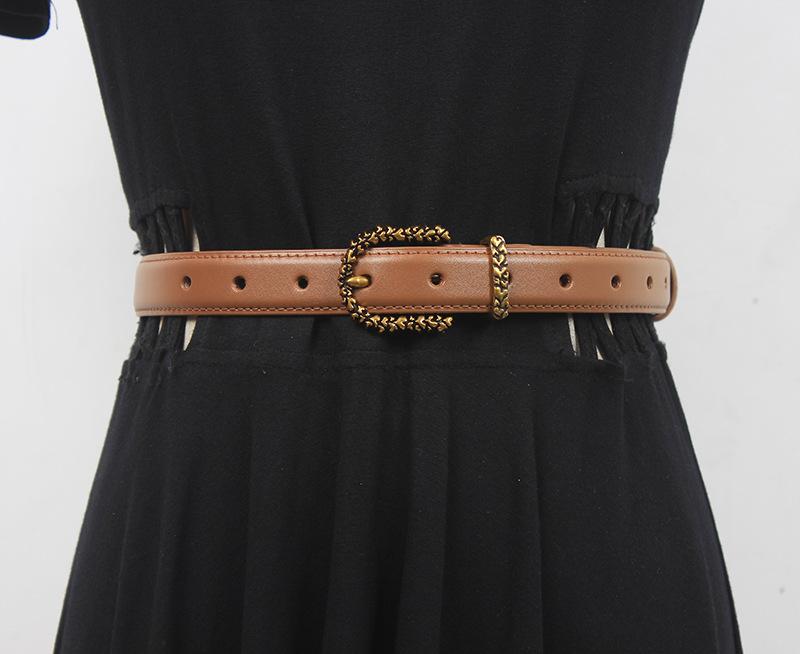 ベルト レディース 女性用 本革 牛革 細ベルト ピンバックル ウエストマーク カジュアル オフィス シンプル 万能 着回し デイリーユース 上質レザー オリジナルデザイン クラシック