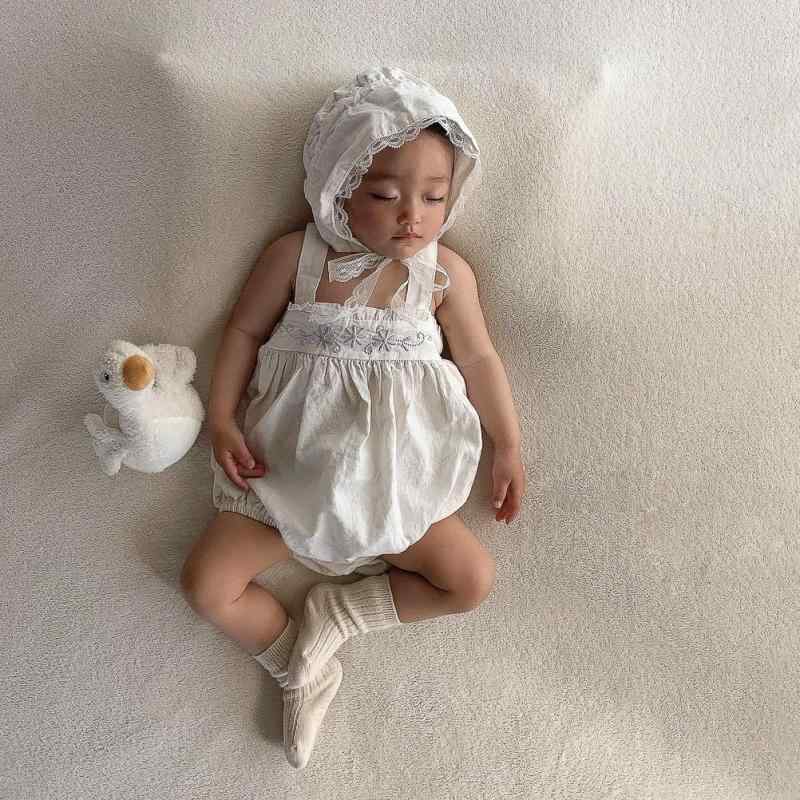 ロンパース 女の子 ベビー 春夏 薄手 通気性 吸汗速乾 綿 ナチュラルテイスト 刺繍 キャミソール 部屋着 パジャマ オフホワイト グレイッシュパープル かわいい 韓国風デザイン