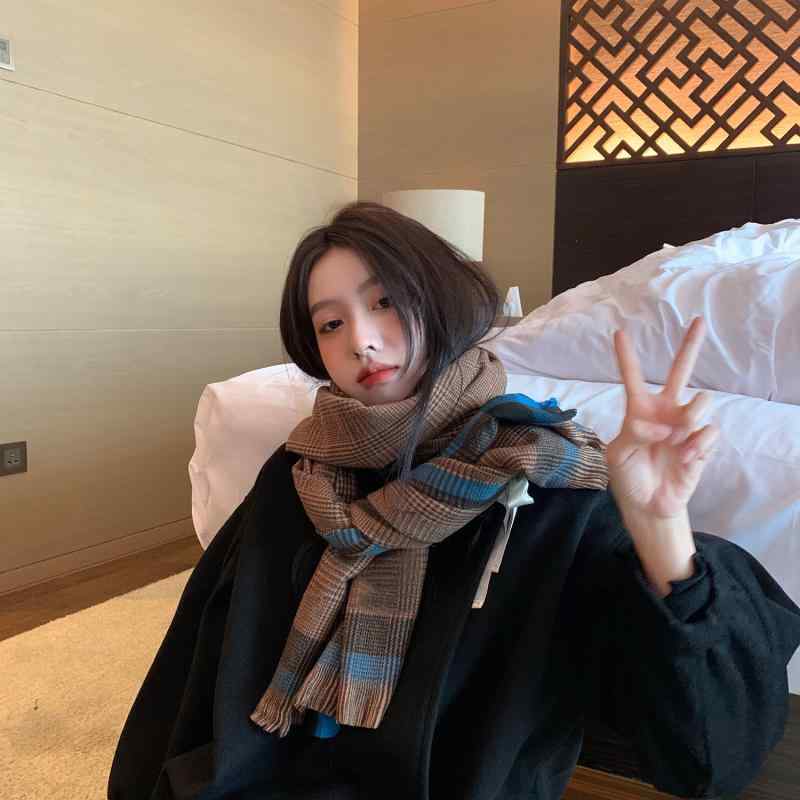 マフラー ストール ネックウォーマー レディース 女性用 暖かい あったか 防寒 フェイクカシミヤ アクリル フリンジ チェック柄 バイカラー 配色 韓国風 カジュアル 通勤通学 秋冬(4)