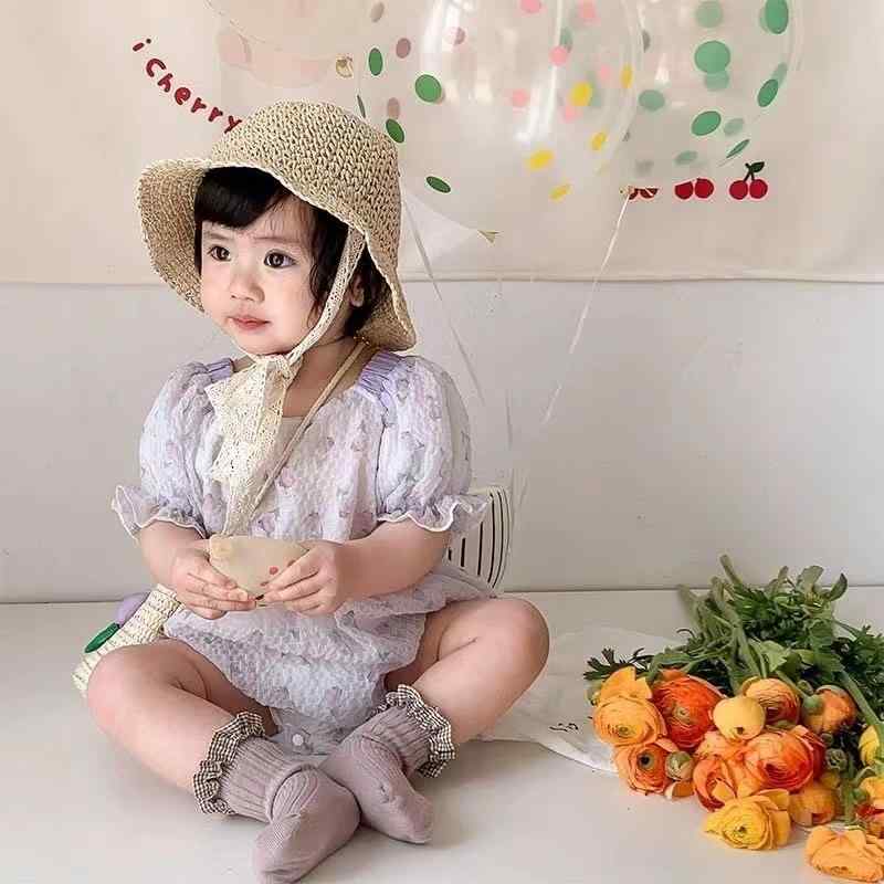 ベビー服 女の子 ロンパース 半袖 薄手 軽量 夏 プリンセス風 ユリ総柄 かわいい 綿 コットン プルオー..
